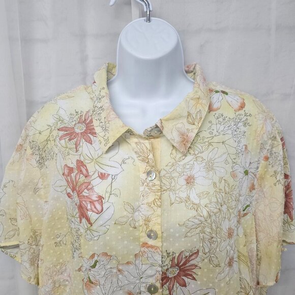 Yellow Salmon Floral Blouse Swiss Dot Boho Cottagecore 1X+ - Picture 2 of 9